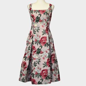 ADRIANNA PAPELL Metallic Floral Print Jacquard Fit and Flare Dress Size 8